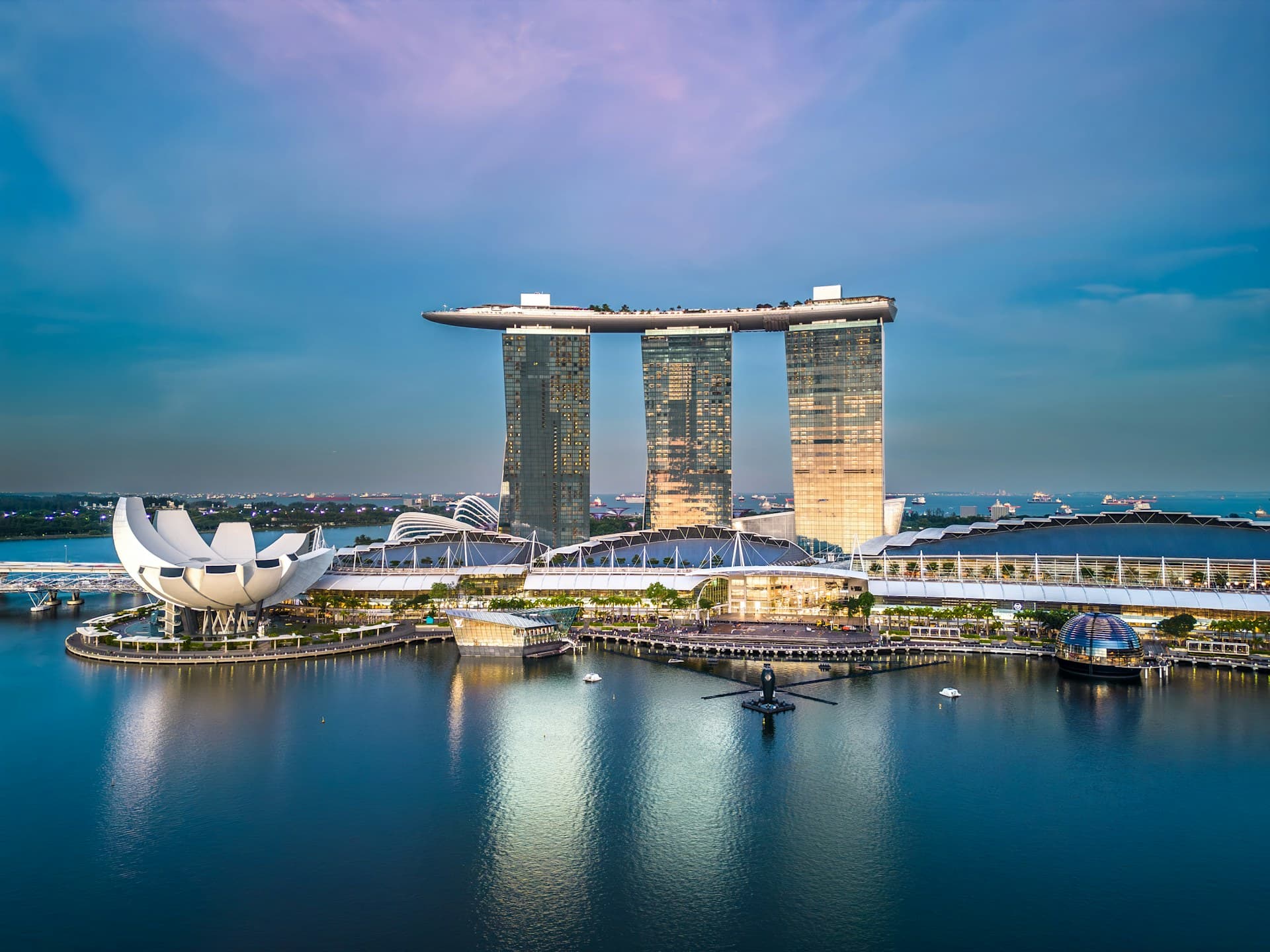 Aerial view of Marina Bay and Singapore skyline
